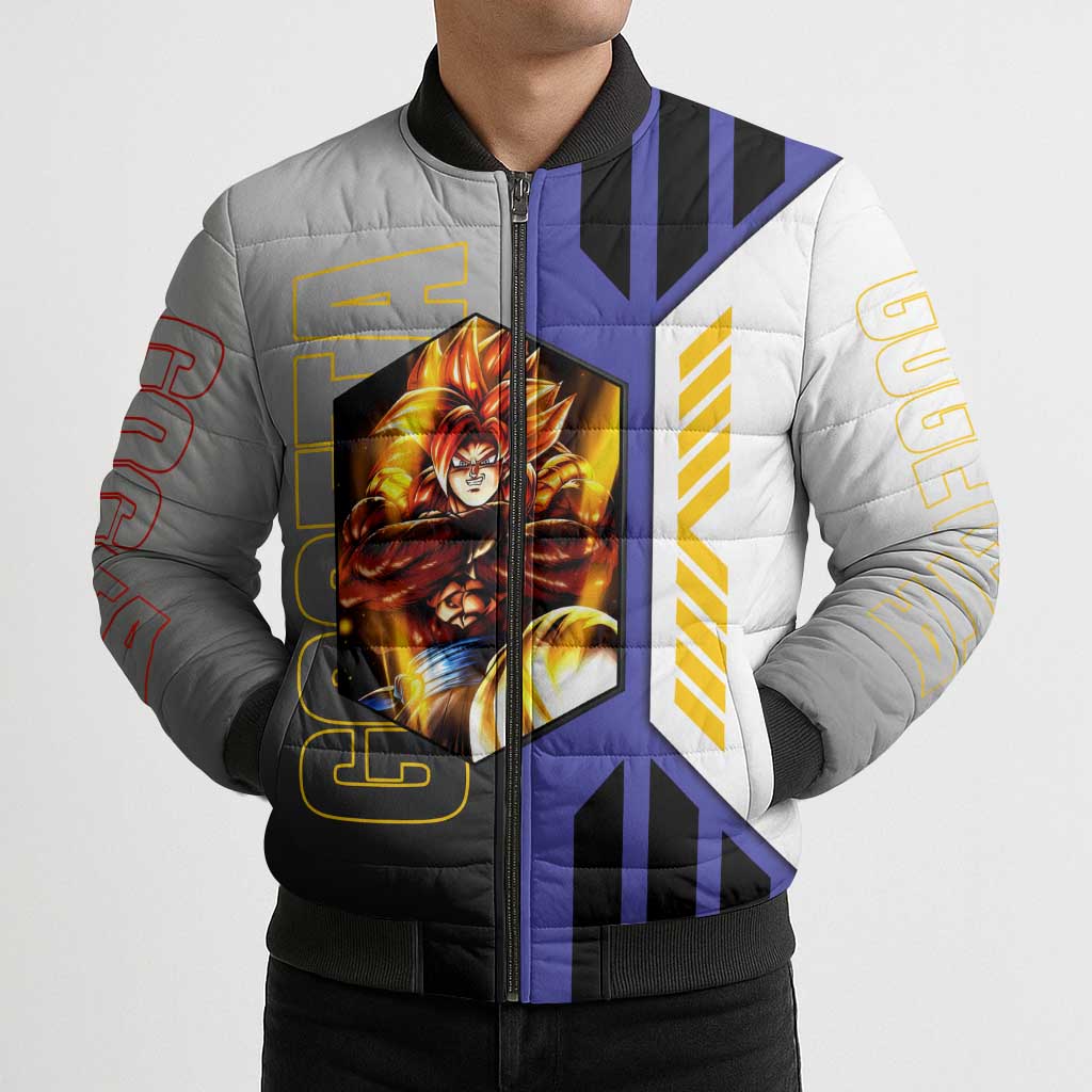 Gogeta from Dragon Ball Bomber Puffer Jacket with Super Saiyan Blue Form and Action Pose Design - The Mazicc