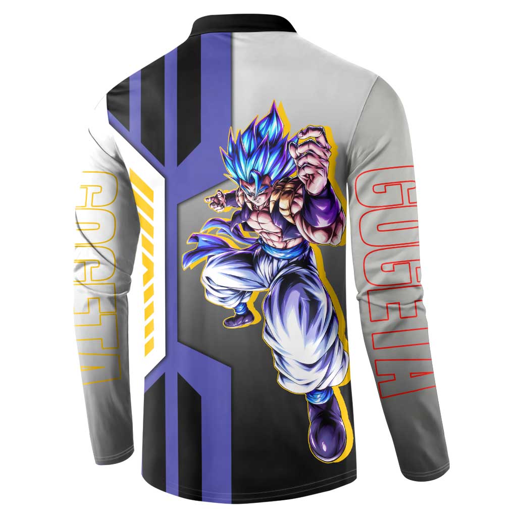 Gogeta from Dragon Ball Button Sweatshirt with Super Saiyan Blue Form and Action Pose Design - The Mazicc