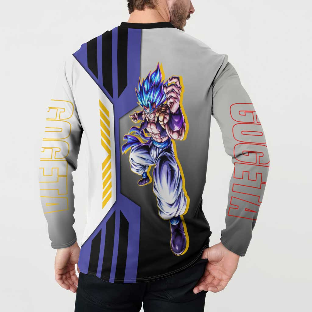 Gogeta from Dragon Ball Button Sweatshirt with Super Saiyan Blue Form and Action Pose Design - The Mazicc