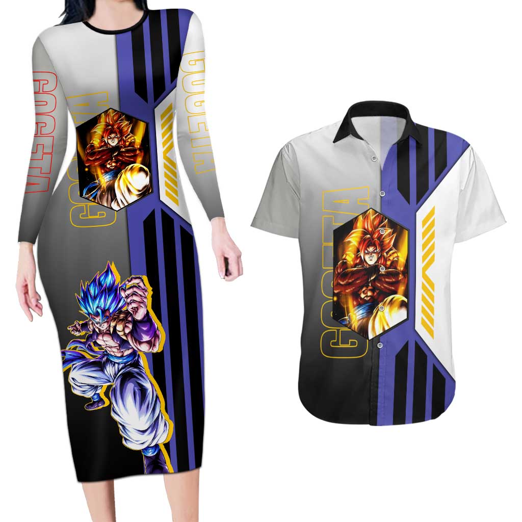 Gogeta from Dragon Ball Couples Matching Long Sleeve Bodycon Dress and Hawaiian Shirt with Super Saiyan Blue Form and Action Pose Design - The Mazicc