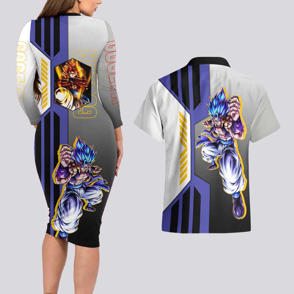 Gogeta from Dragon Ball Couples Matching Long Sleeve Bodycon Dress and Hawaiian Shirt with Super Saiyan Blue Form and Action Pose Design - The Mazicc