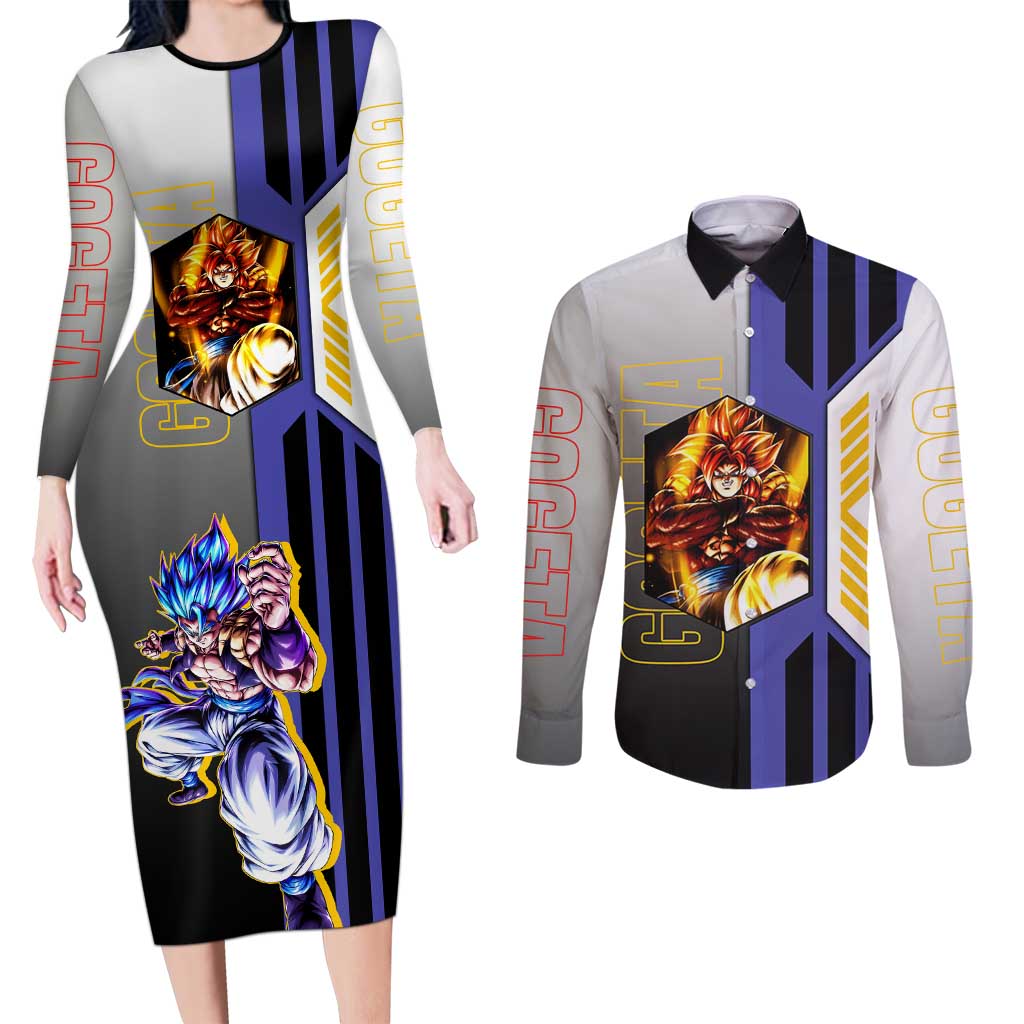 Gogeta from Dragon Ball Couples Matching Long Sleeve Bodycon Dress and Long Sleeve Button Shirt with Super Saiyan Blue Form and Action Pose Design - The Mazicc
