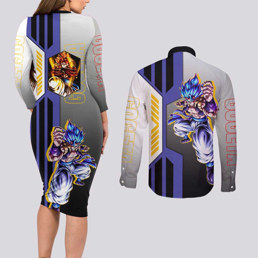 Gogeta from Dragon Ball Couples Matching Long Sleeve Bodycon Dress and Long Sleeve Button Shirt with Super Saiyan Blue Form and Action Pose Design - The Mazicc