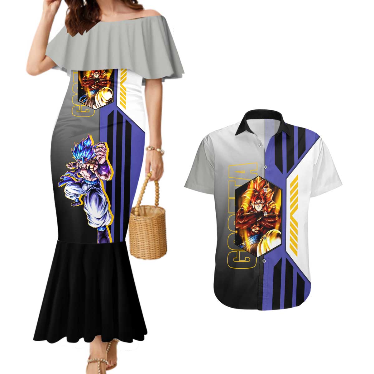 Gogeta from Dragon Ball Couples Matching Mermaid Dress and Hawaiian Shirt with Super Saiyan Blue Form and Action Pose Design - The Mazicc