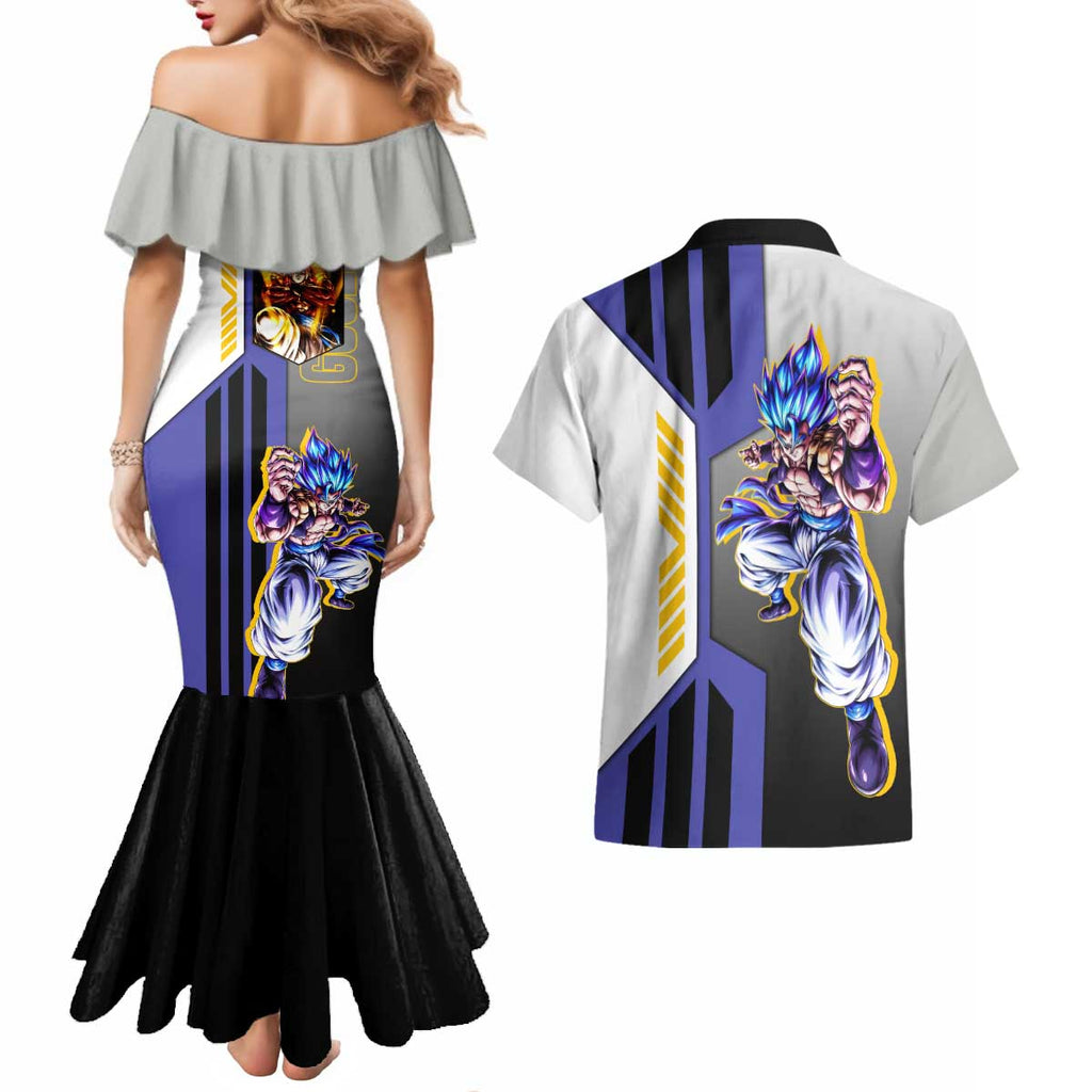 Gogeta from Dragon Ball Couples Matching Mermaid Dress and Hawaiian Shirt with Super Saiyan Blue Form and Action Pose Design - The Mazicc