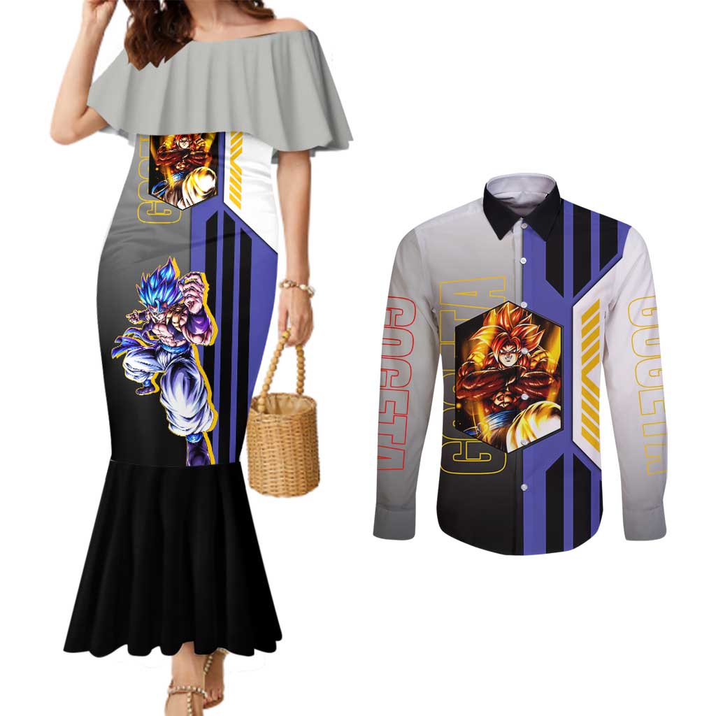 Gogeta from Dragon Ball Couples Matching Mermaid Dress and Long Sleeve Button Shirt with Super Saiyan Blue Form and Action Pose Design - The Mazicc