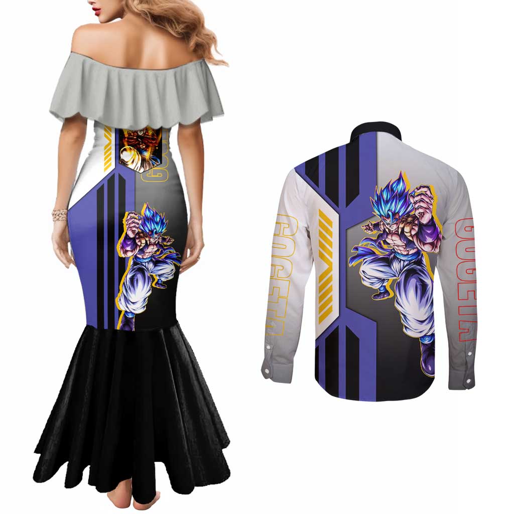 Gogeta from Dragon Ball Couples Matching Mermaid Dress and Long Sleeve Button Shirt with Super Saiyan Blue Form and Action Pose Design - The Mazicc