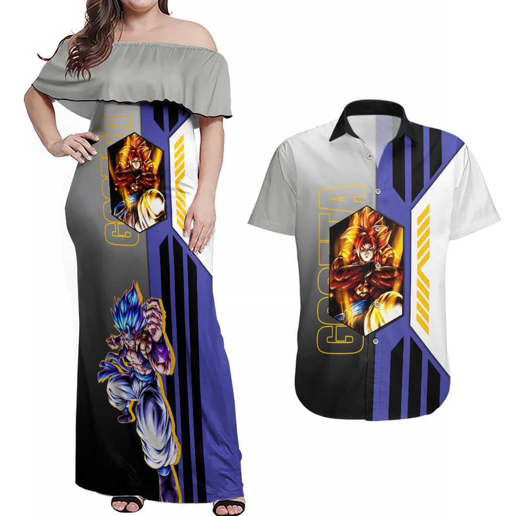 Gogeta from Dragon Ball Couples Matching Off Shoulder Maxi Dress and Hawaiian Shirt with Super Saiyan Blue Form and Action Pose Design - The Mazicc