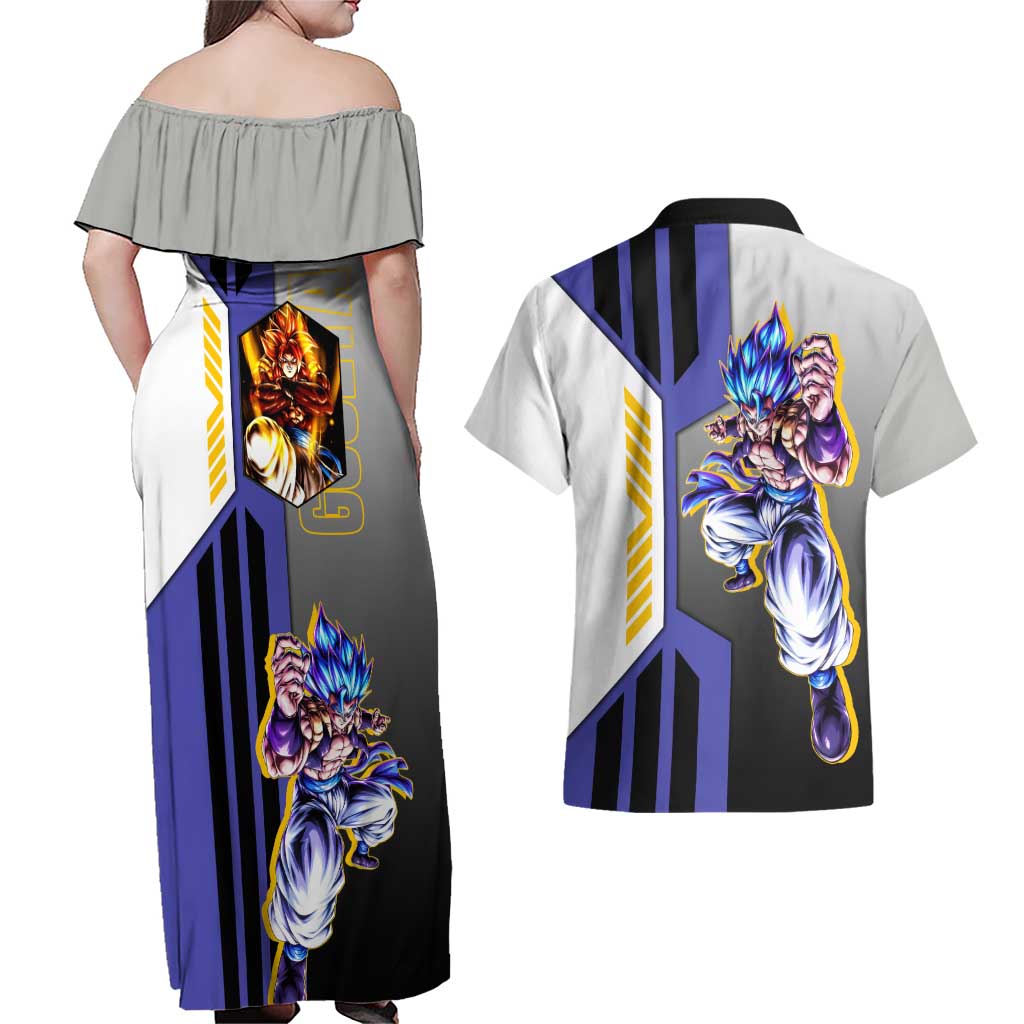 Gogeta from Dragon Ball Couples Matching Off Shoulder Maxi Dress and Hawaiian Shirt with Super Saiyan Blue Form and Action Pose Design - The Mazicc