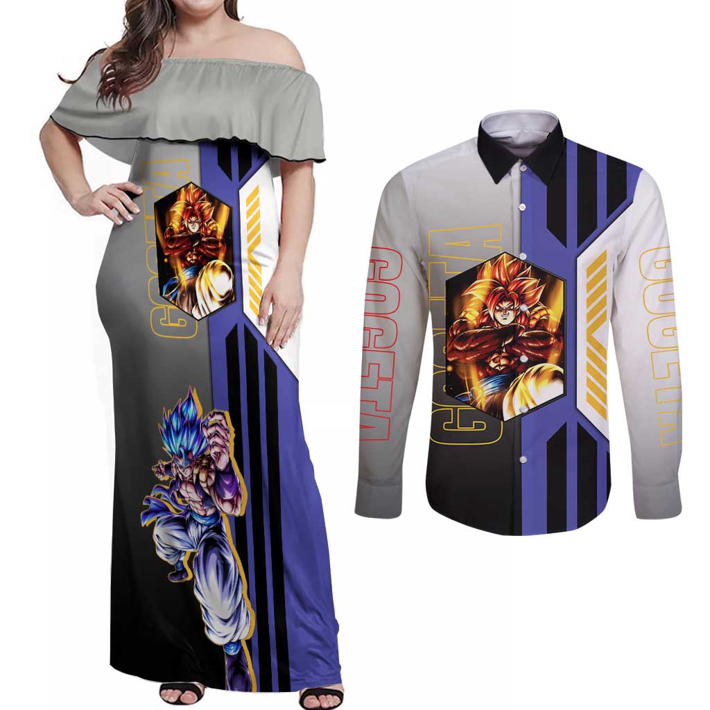 Gogeta from Dragon Ball Couples Matching Off Shoulder Maxi Dress and Long Sleeve Button Shirt with Super Saiyan Blue Form and Action Pose Design - The Mazicc