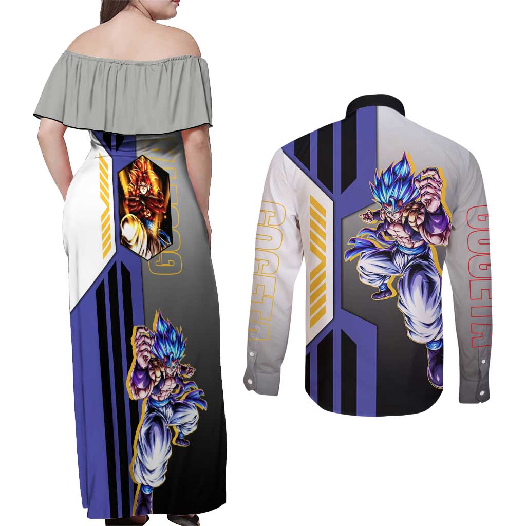 Gogeta from Dragon Ball Couples Matching Off Shoulder Maxi Dress and Long Sleeve Button Shirt with Super Saiyan Blue Form and Action Pose Design - The Mazicc