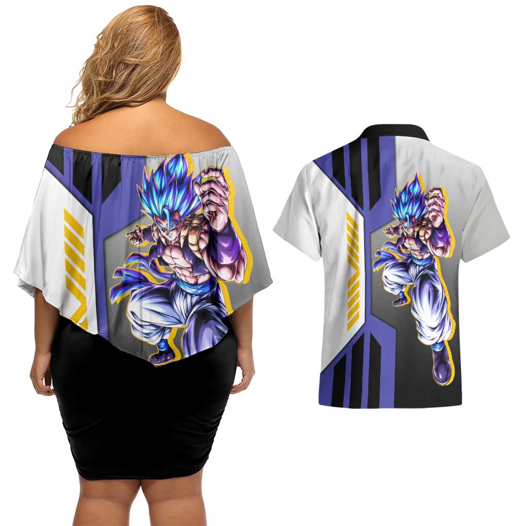 Gogeta from Dragon Ball Couples Matching Off Shoulder Short Dress and Hawaiian Shirt with Super Saiyan Blue Form and Action Pose Design - The Mazicc