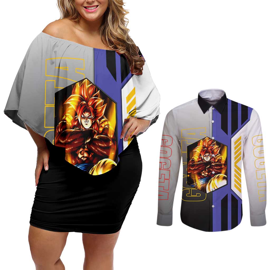 Gogeta from Dragon Ball Couples Matching Off Shoulder Short Dress and Long Sleeve Button Shirt with Super Saiyan Blue Form and Action Pose Design - The Mazicc