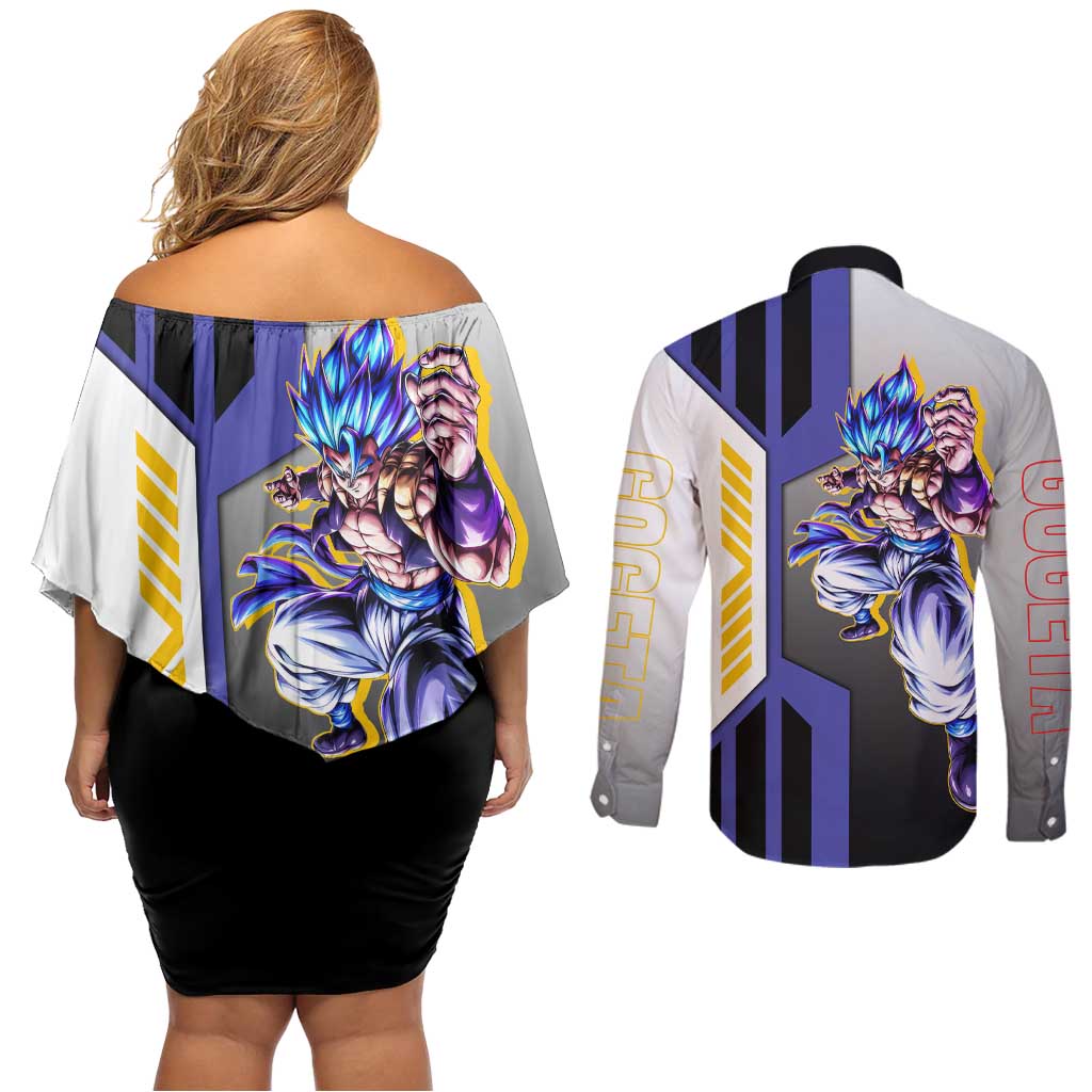 Gogeta from Dragon Ball Couples Matching Off Shoulder Short Dress and Long Sleeve Button Shirt with Super Saiyan Blue Form and Action Pose Design - The Mazicc