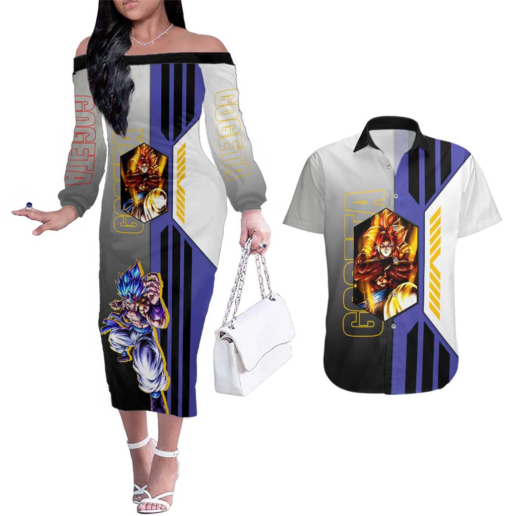 Gogeta from Dragon Ball Couples Matching Off The Shoulder Long Sleeve Dress and Hawaiian Shirt with Super Saiyan Blue Form and Action Pose Design - The Mazicc