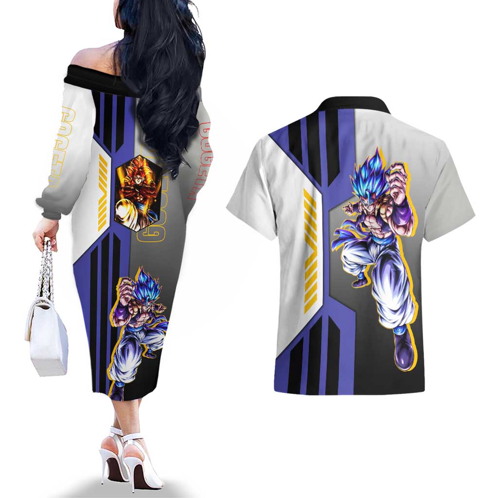 Gogeta from Dragon Ball Couples Matching Off The Shoulder Long Sleeve Dress and Hawaiian Shirt with Super Saiyan Blue Form and Action Pose Design - The Mazicc