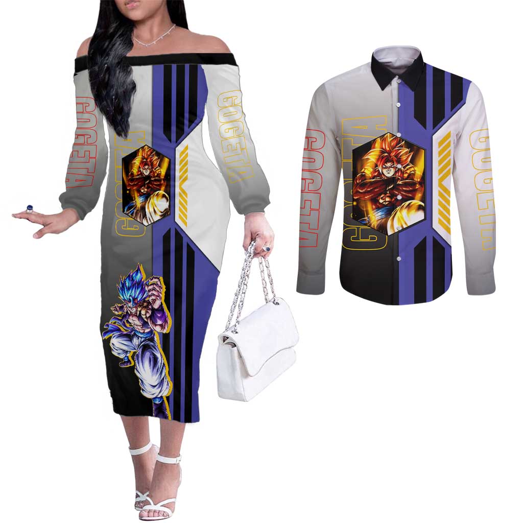 Gogeta from Dragon Ball Couples Matching Off The Shoulder Long Sleeve Dress and Long Sleeve Button Shirt with Super Saiyan Blue Form and Action Pose Design - The Mazicc