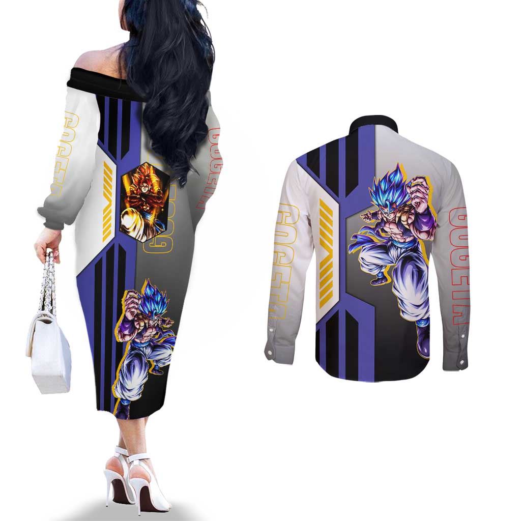 Gogeta from Dragon Ball Couples Matching Off The Shoulder Long Sleeve Dress and Long Sleeve Button Shirt with Super Saiyan Blue Form and Action Pose Design - The Mazicc