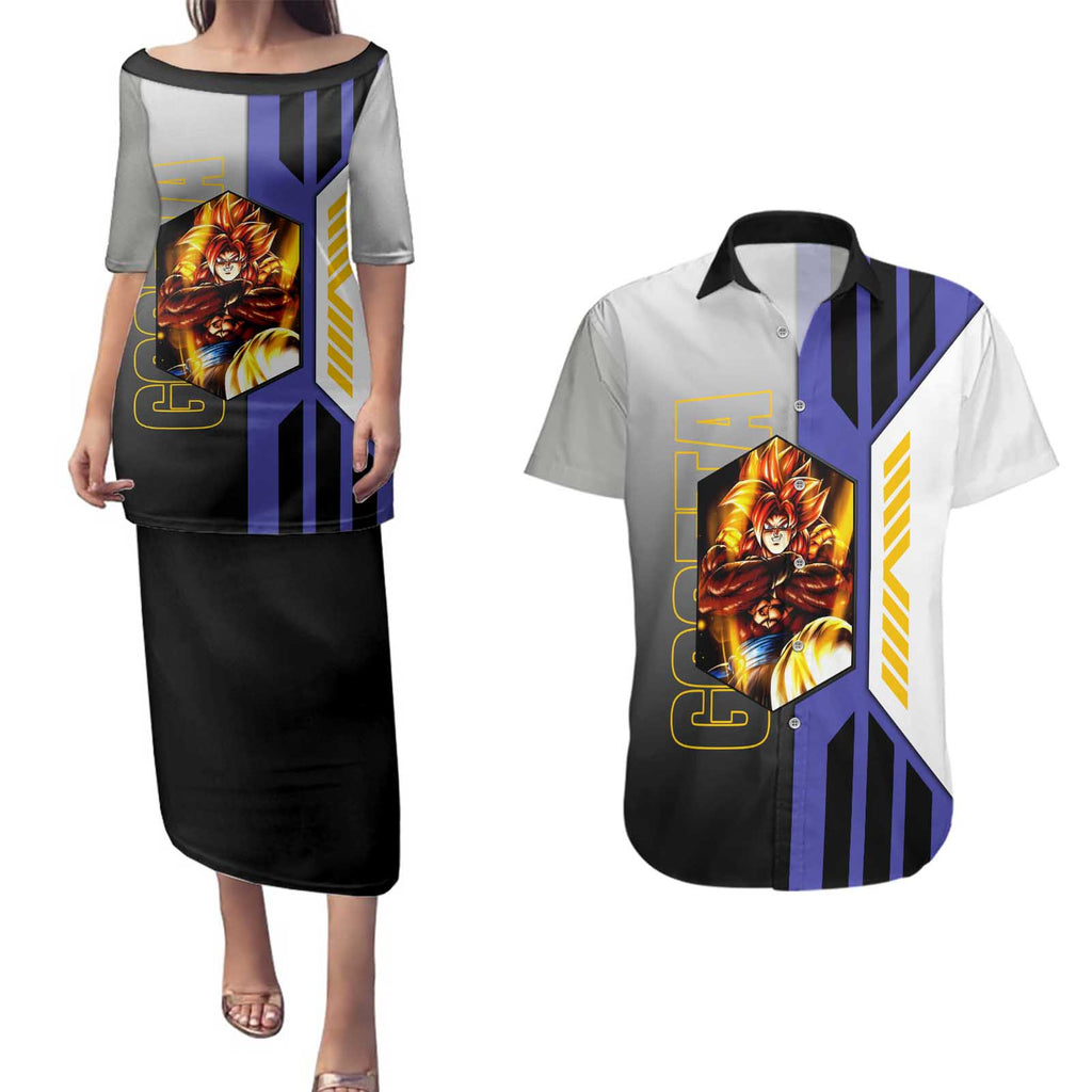 Gogeta from Dragon Ball Couples Matching Puletasi and Hawaiian Shirt with Super Saiyan Blue Form and Action Pose Design - The Mazicc