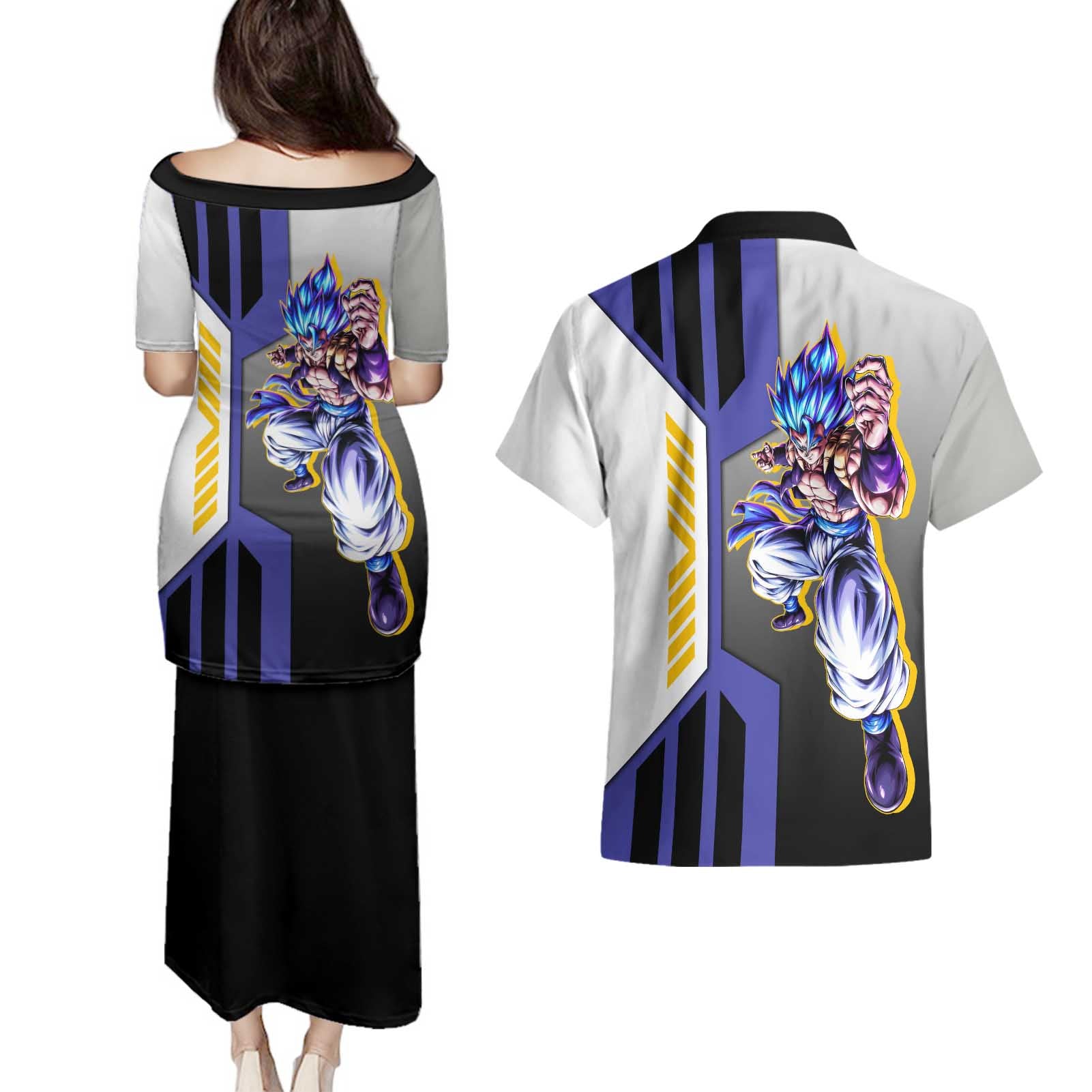 Gogeta from Dragon Ball Couples Matching Puletasi and Hawaiian Shirt with Super Saiyan Blue Form and Action Pose Design - The Mazicc
