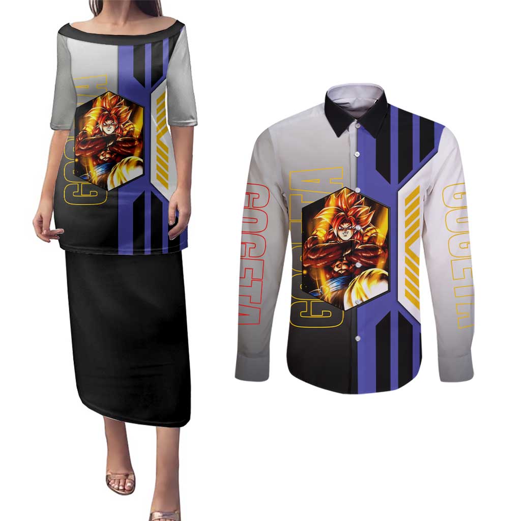 Gogeta from Dragon Ball Couples Matching Puletasi and Long Sleeve Button Shirt with Super Saiyan Blue Form and Action Pose Design - The Mazicc