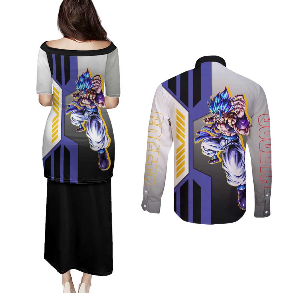 Gogeta from Dragon Ball Couples Matching Puletasi and Long Sleeve Button Shirt with Super Saiyan Blue Form and Action Pose Design - The Mazicc