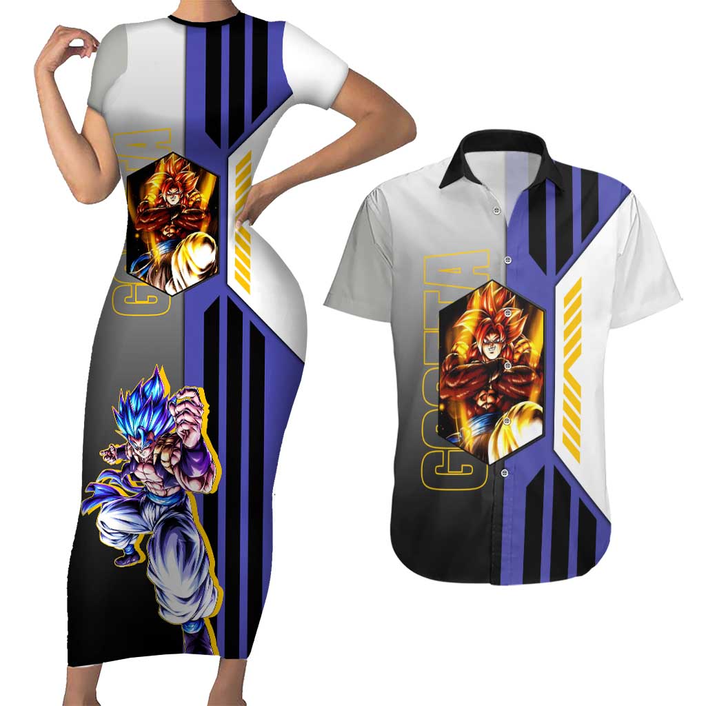 Gogeta from Dragon Ball Couples Matching Short Sleeve Bodycon Dress and Hawaiian Shirt with Super Saiyan Blue Form and Action Pose Design - The Mazicc