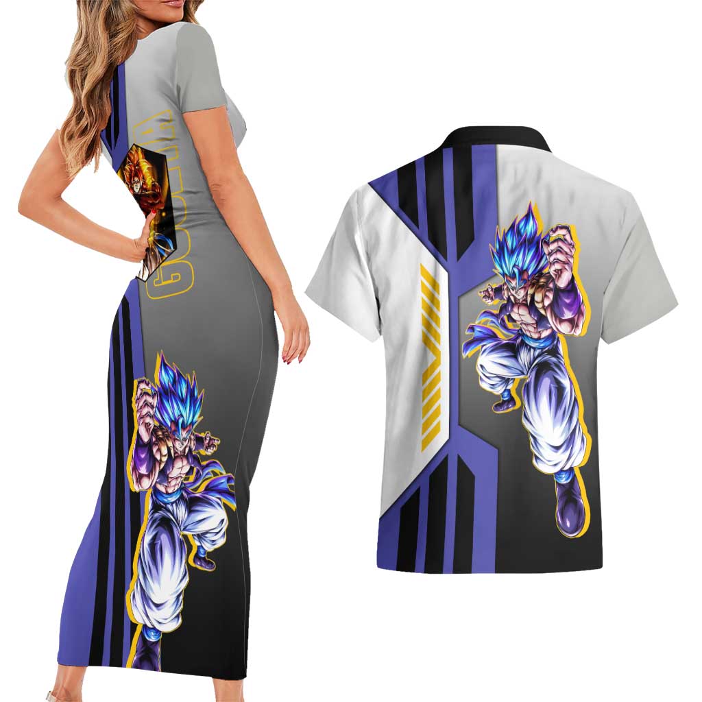 Gogeta from Dragon Ball Couples Matching Short Sleeve Bodycon Dress and Hawaiian Shirt with Super Saiyan Blue Form and Action Pose Design - The Mazicc