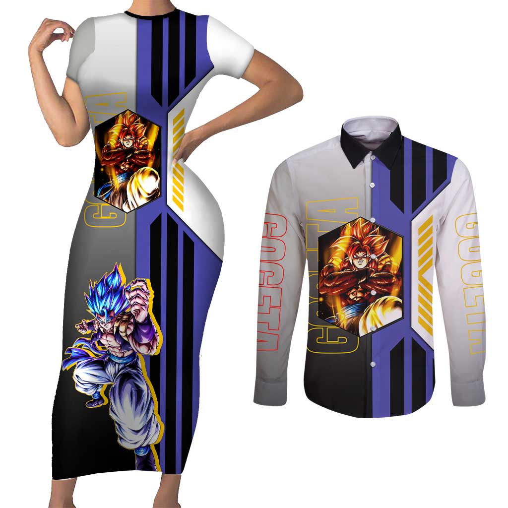 Gogeta from Dragon Ball Couples Matching Short Sleeve Bodycon Dress and Long Sleeve Button Shirt with Super Saiyan Blue Form and Action Pose Design - The Mazicc