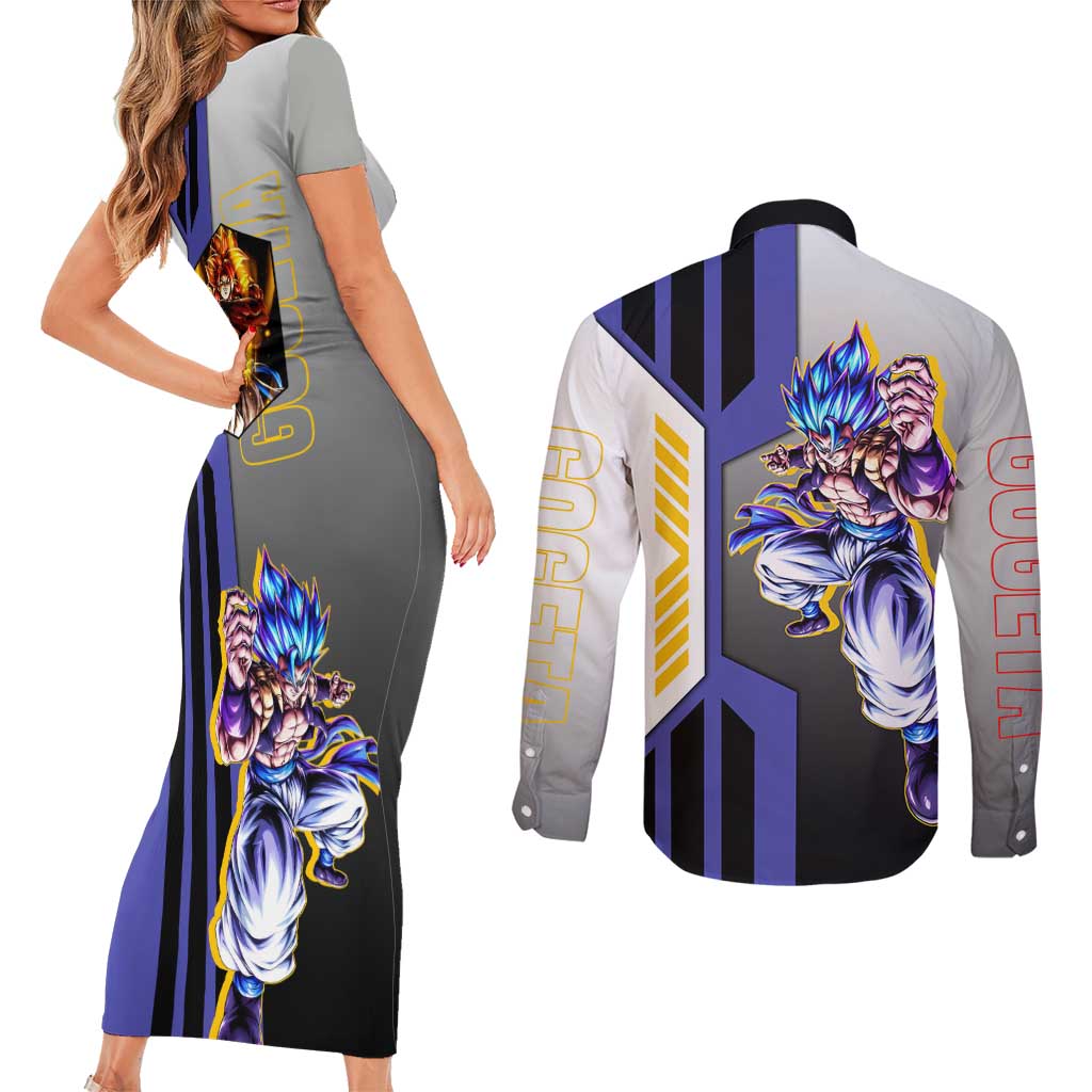 Gogeta from Dragon Ball Couples Matching Short Sleeve Bodycon Dress and Long Sleeve Button Shirt with Super Saiyan Blue Form and Action Pose Design - The Mazicc