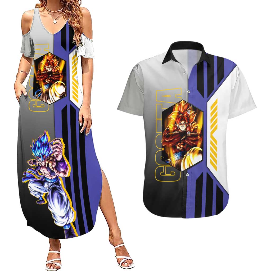 Gogeta from Dragon Ball Couples Matching Summer Maxi Dress and Hawaiian Shirt with Super Saiyan Blue Form and Action Pose Design - The Mazicc