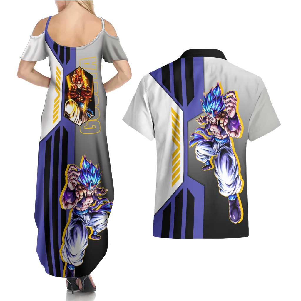 Gogeta from Dragon Ball Couples Matching Summer Maxi Dress and Hawaiian Shirt with Super Saiyan Blue Form and Action Pose Design - The Mazicc