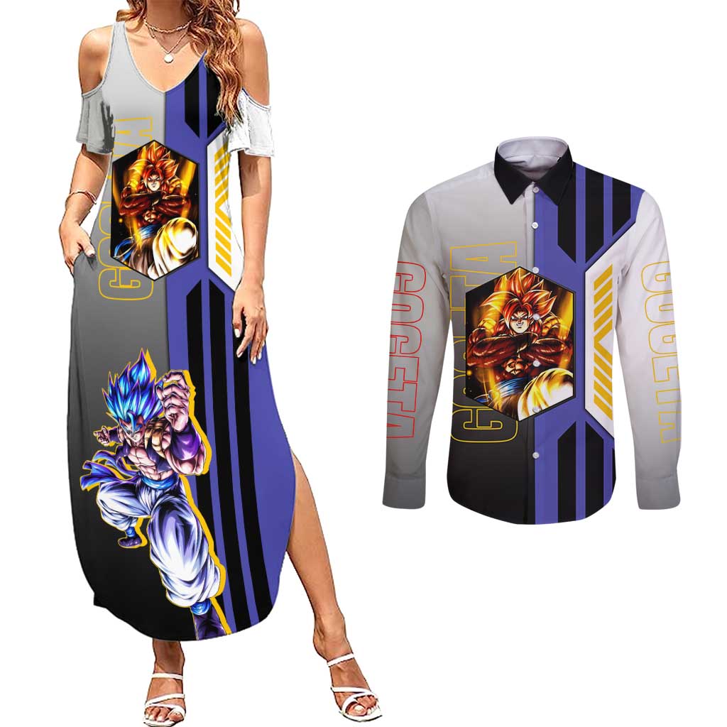 Gogeta from Dragon Ball Couples Matching Summer Maxi Dress and Long Sleeve Button Shirt with Super Saiyan Blue Form and Action Pose Design - The Mazicc