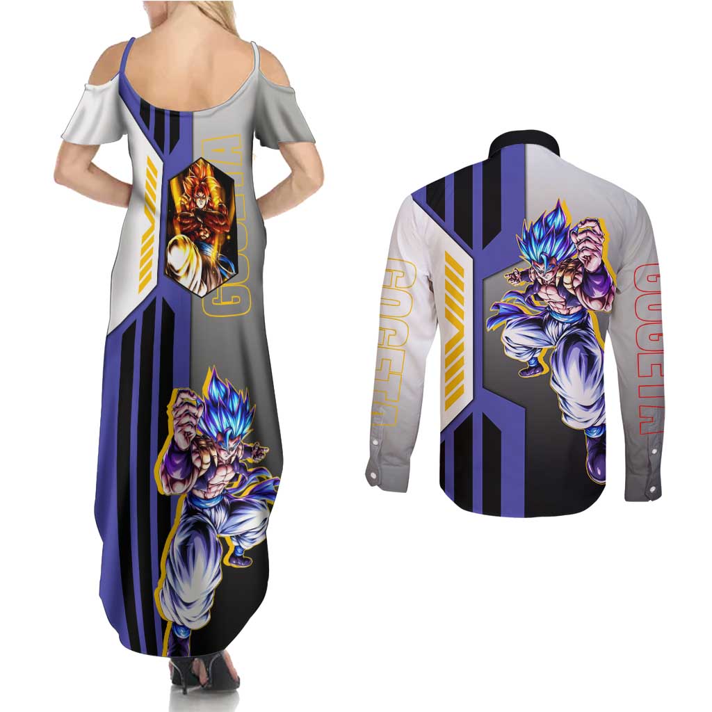 Gogeta from Dragon Ball Couples Matching Summer Maxi Dress and Long Sleeve Button Shirt with Super Saiyan Blue Form and Action Pose Design - The Mazicc