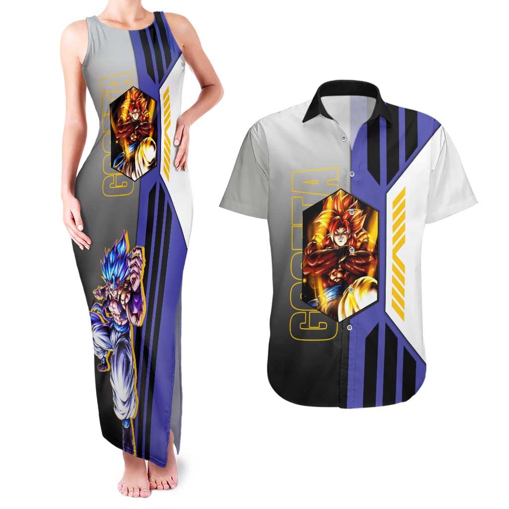 Gogeta from Dragon Ball Couples Matching Tank Maxi Dress and Hawaiian Shirt with Super Saiyan Blue Form and Action Pose Design - The Mazicc