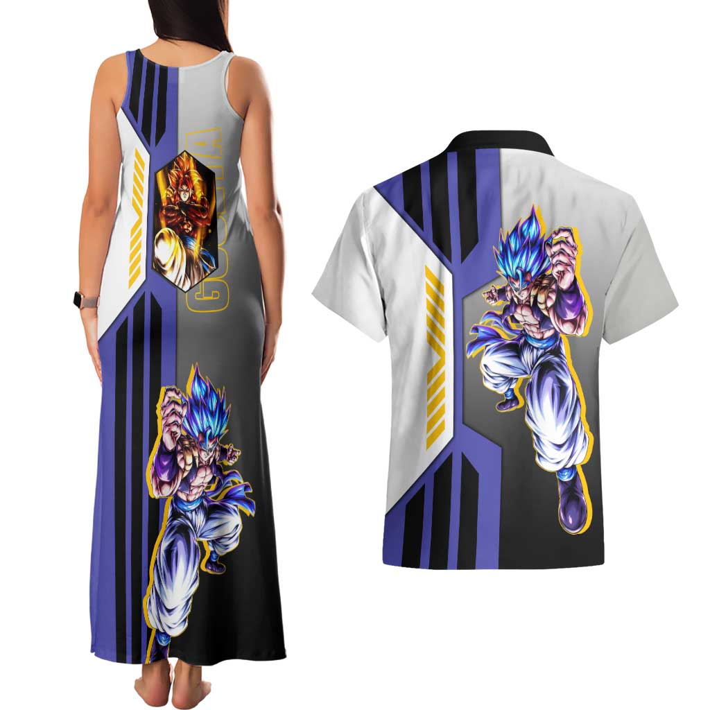 Gogeta from Dragon Ball Couples Matching Tank Maxi Dress and Hawaiian Shirt with Super Saiyan Blue Form and Action Pose Design - The Mazicc