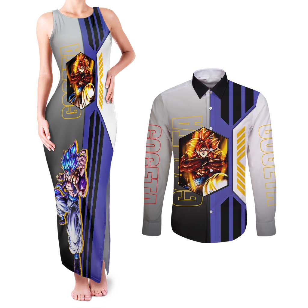 Gogeta from Dragon Ball Couples Matching Tank Maxi Dress and Long Sleeve Button Shirt with Super Saiyan Blue Form and Action Pose Design - The Mazicc