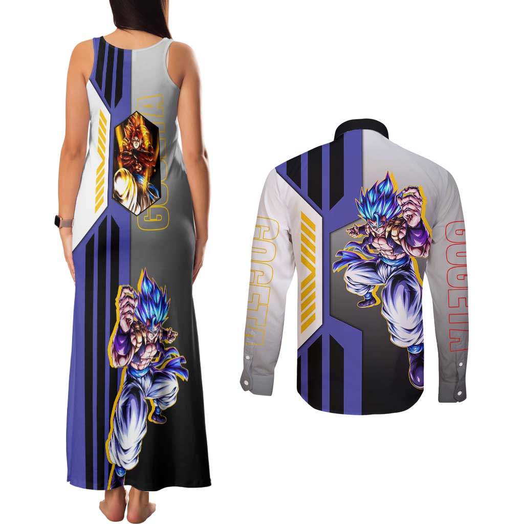 Gogeta from Dragon Ball Couples Matching Tank Maxi Dress and Long Sleeve Button Shirt with Super Saiyan Blue Form and Action Pose Design - The Mazicc