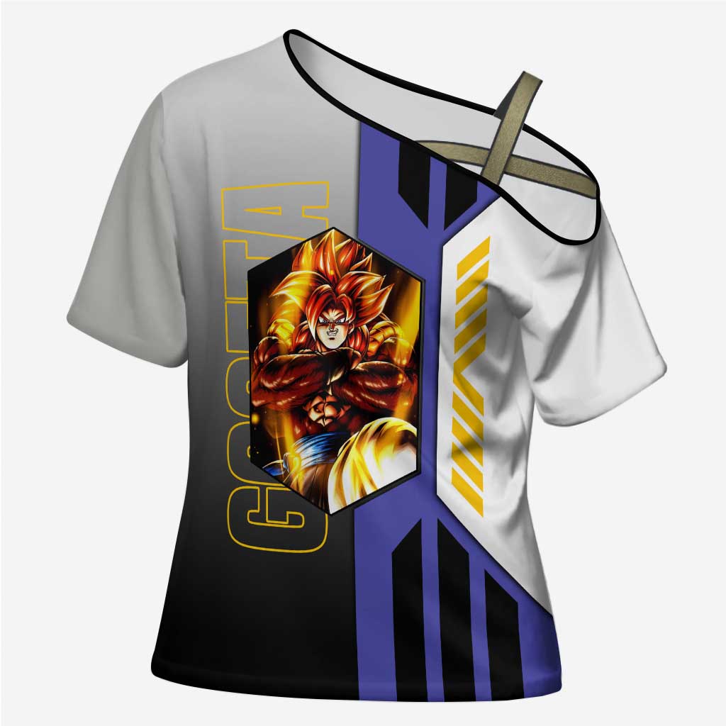 Gogeta from Dragon Ball Cross Shoulder Shirt with Super Saiyan Blue Form and Action Pose Design - The Mazicc