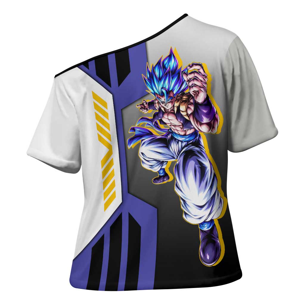 Gogeta from Dragon Ball Cross Shoulder Shirt with Super Saiyan Blue Form and Action Pose Design - The Mazicc