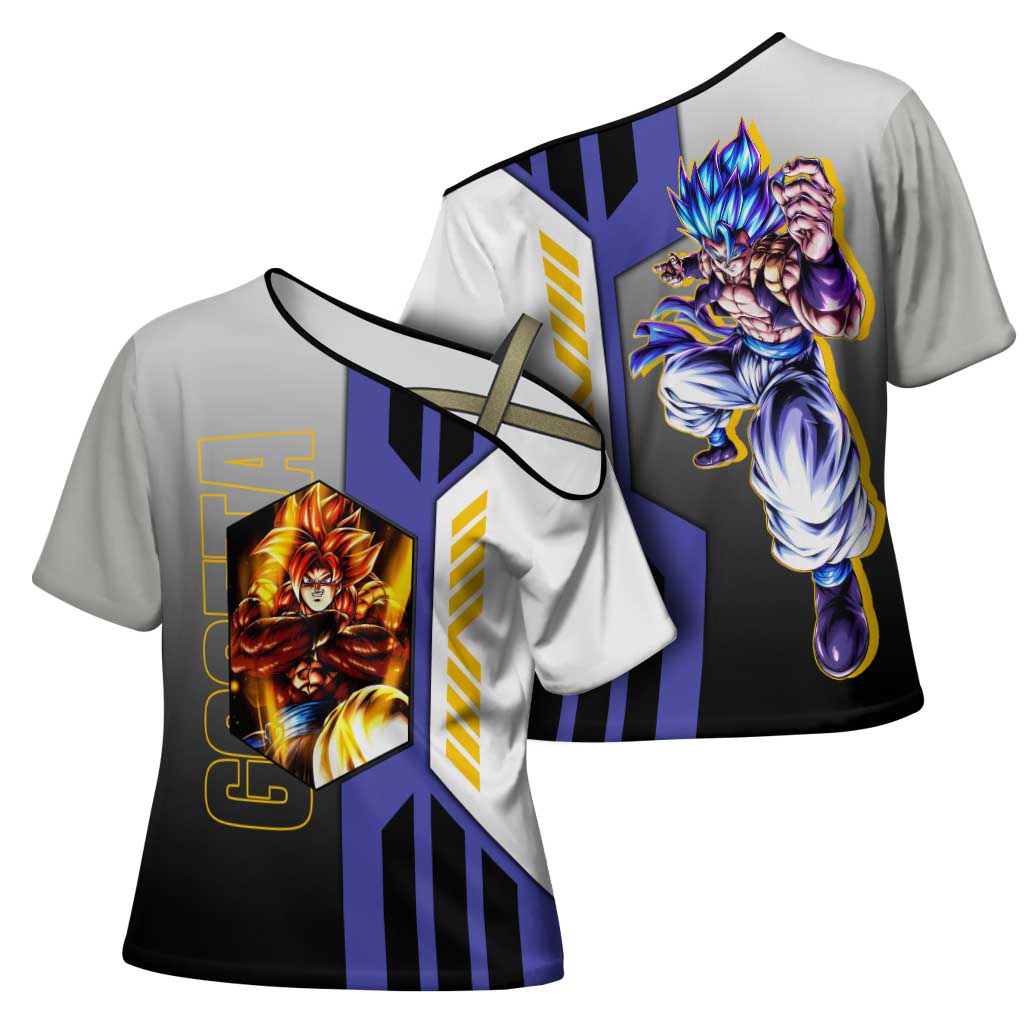 Gogeta from Dragon Ball Cross Shoulder Shirt with Super Saiyan Blue Form and Action Pose Design - The Mazicc