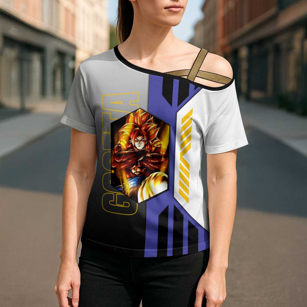 Gogeta from Dragon Ball Cross Shoulder Shirt with Super Saiyan Blue Form and Action Pose Design - The Mazicc