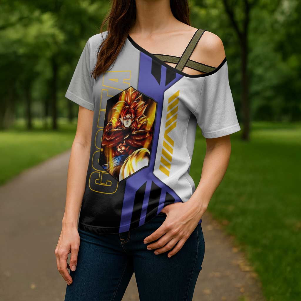 Gogeta from Dragon Ball Cross Shoulder Shirt with Super Saiyan Blue Form and Action Pose Design - The Mazicc