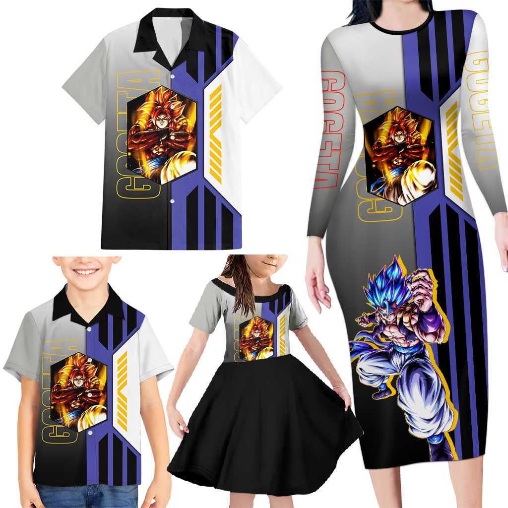 Gogeta from Dragon Ball Family Matching Long Sleeve Bodycon Dress and Hawaiian Shirt with Super Saiyan Blue Form and Action Pose Design - The Mazicc