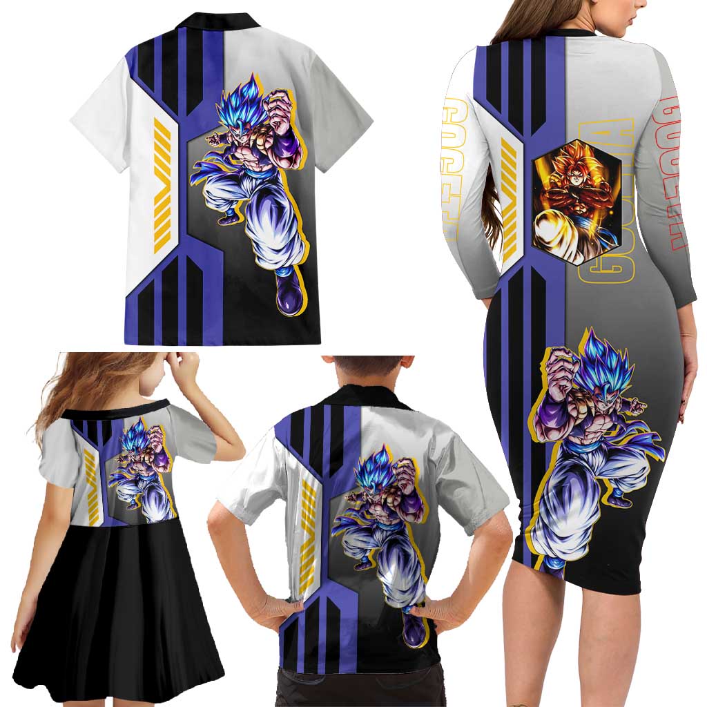 Gogeta from Dragon Ball Family Matching Long Sleeve Bodycon Dress and Hawaiian Shirt with Super Saiyan Blue Form and Action Pose Design - The Mazicc
