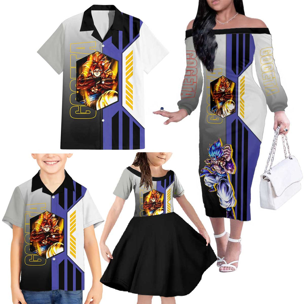 Gogeta from Dragon Ball Family Matching Off The Shoulder Long Sleeve Dress and Hawaiian Shirt with Super Saiyan Blue Form and Action Pose Design - The Mazicc