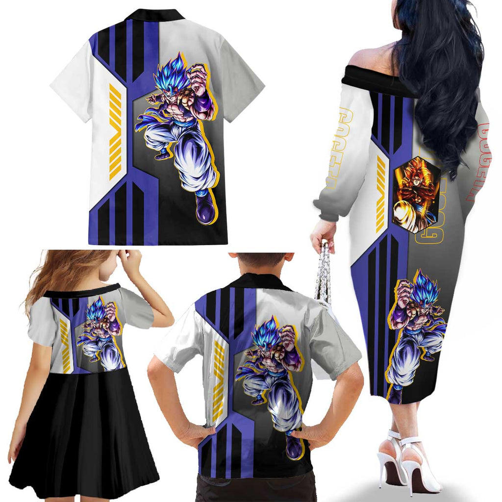 Gogeta from Dragon Ball Family Matching Off The Shoulder Long Sleeve Dress and Hawaiian Shirt with Super Saiyan Blue Form and Action Pose Design - The Mazicc