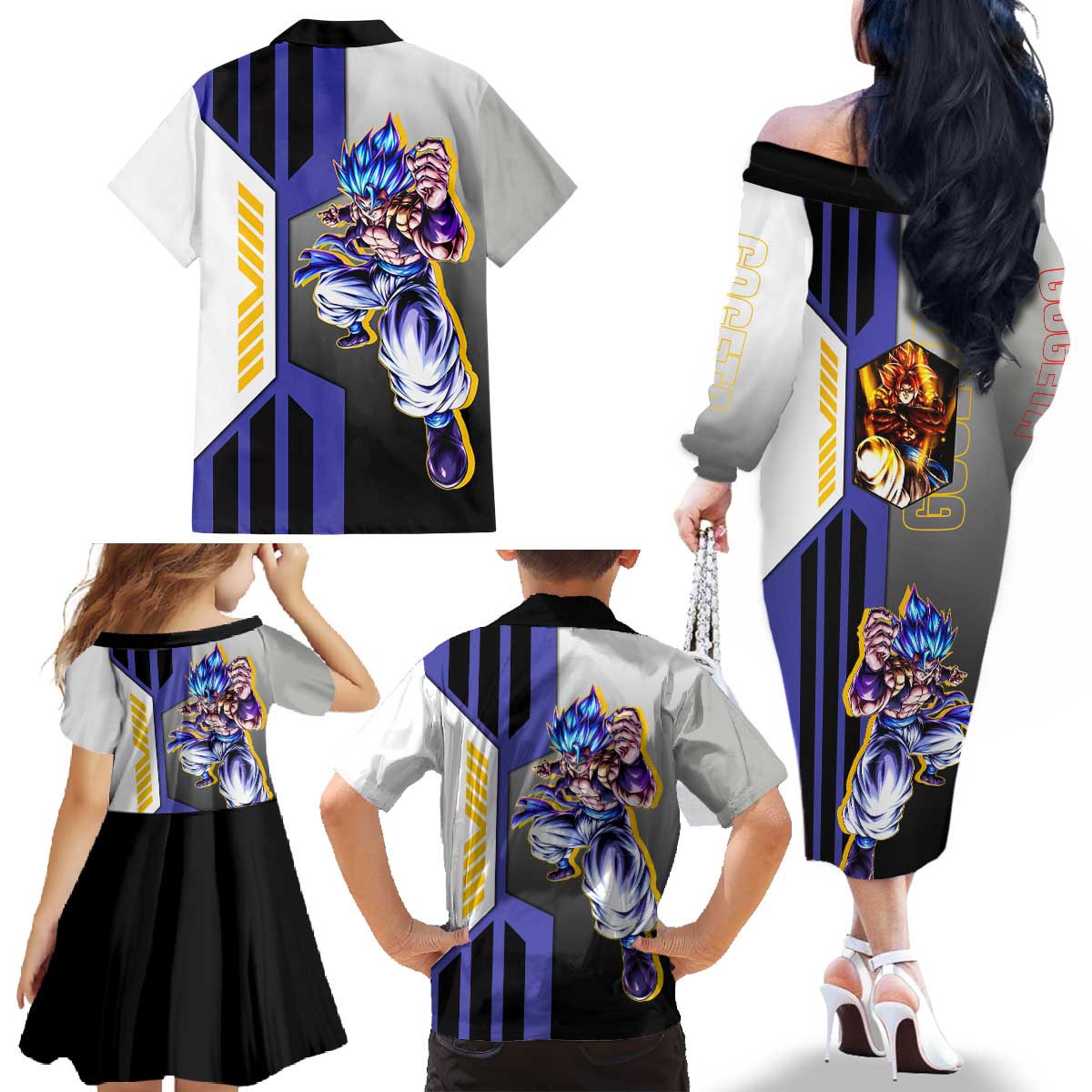 Gogeta from Dragon Ball Family Matching Off The Shoulder Long Sleeve Dress and Hawaiian Shirt with Super Saiyan Blue Form and Action Pose Design - The Mazicc