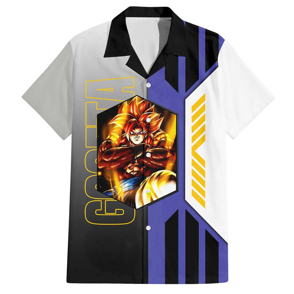 Gogeta from Dragon Ball Family Matching Off The Shoulder Long Sleeve Dress and Hawaiian Shirt with Super Saiyan Blue Form and Action Pose Design - The Mazicc
