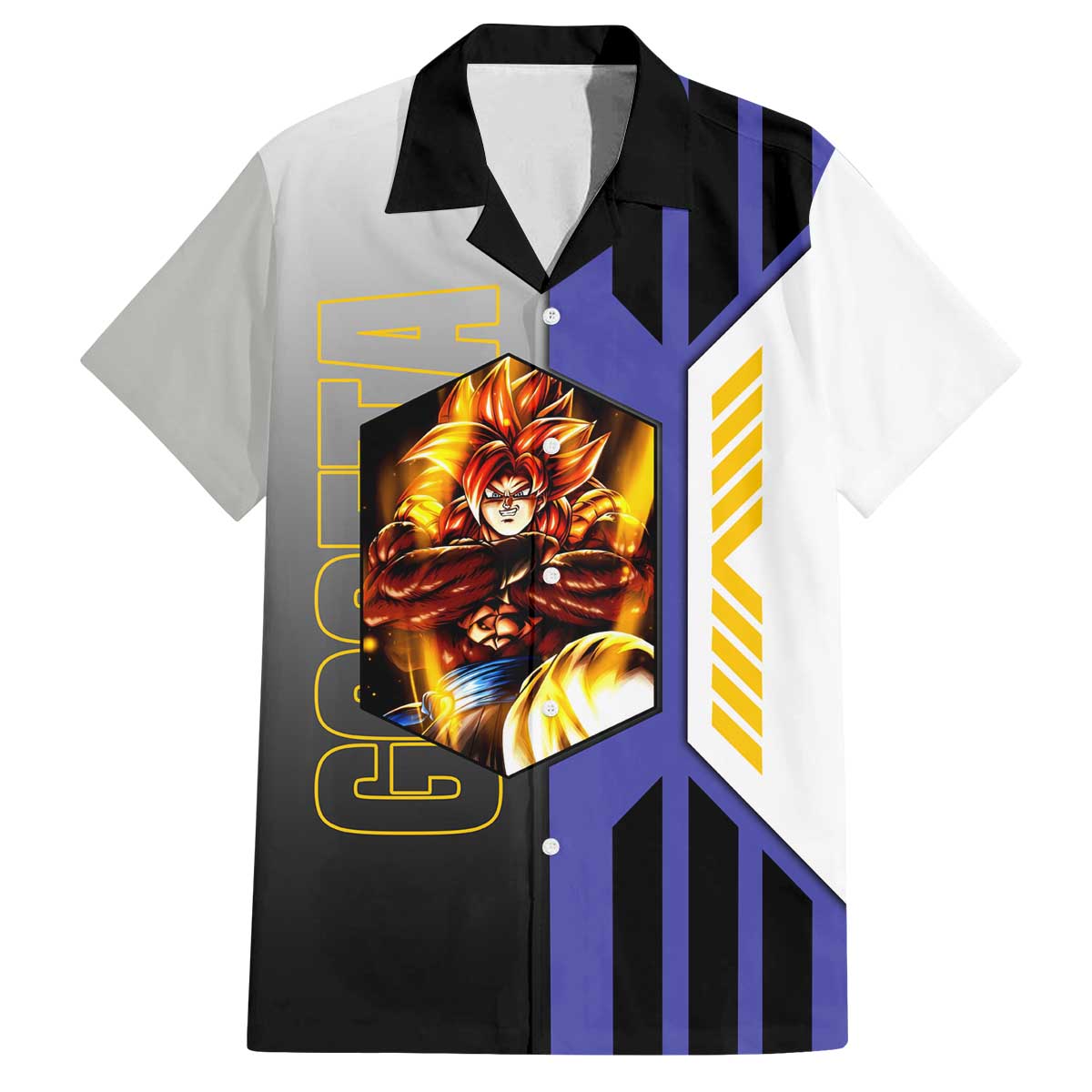Gogeta from Dragon Ball Family Matching Off The Shoulder Long Sleeve Dress and Hawaiian Shirt with Super Saiyan Blue Form and Action Pose Design - The Mazicc